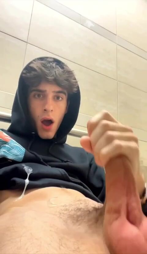 Twink cums on hoodie in bathroom