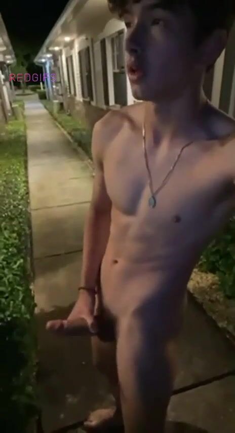Dare twink jerks cock outside