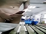 Locker room twink strokes bare cock while muscle daddy watches