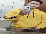 Latino college boy selfie jacking off in dorm bathroom