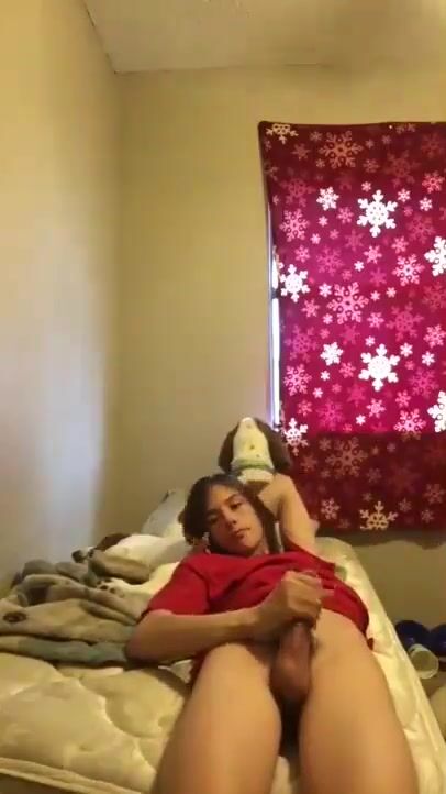 Long-haired twink strokes his cock till he cums