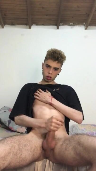 Hairy legs twink jerks big cock and cums (18, solo)