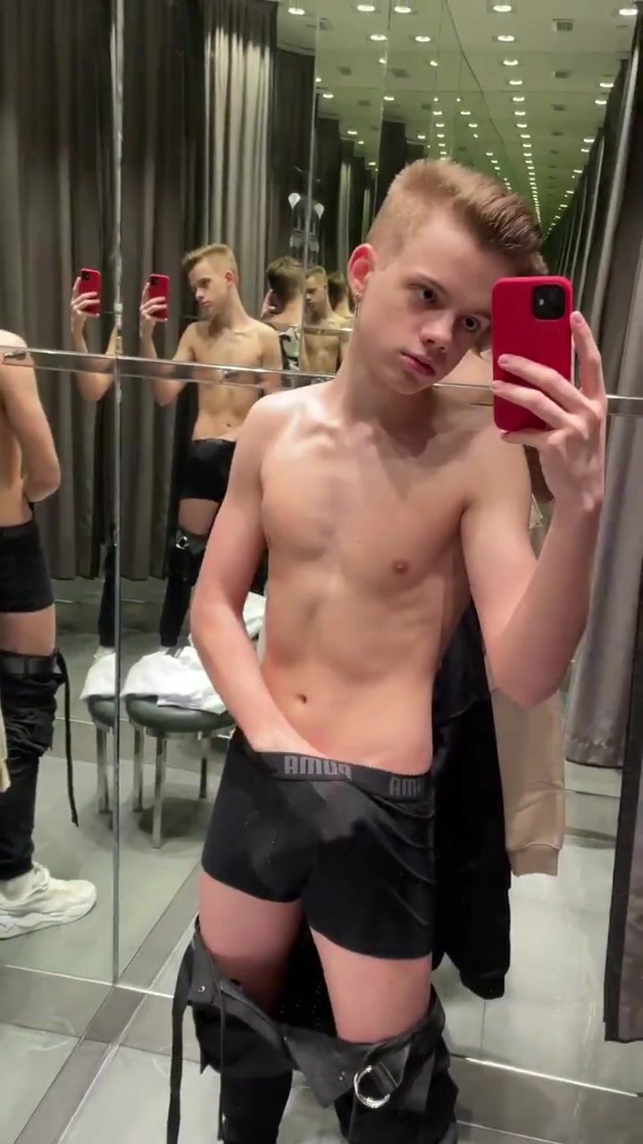 Mirror boy self-love in the dressing room