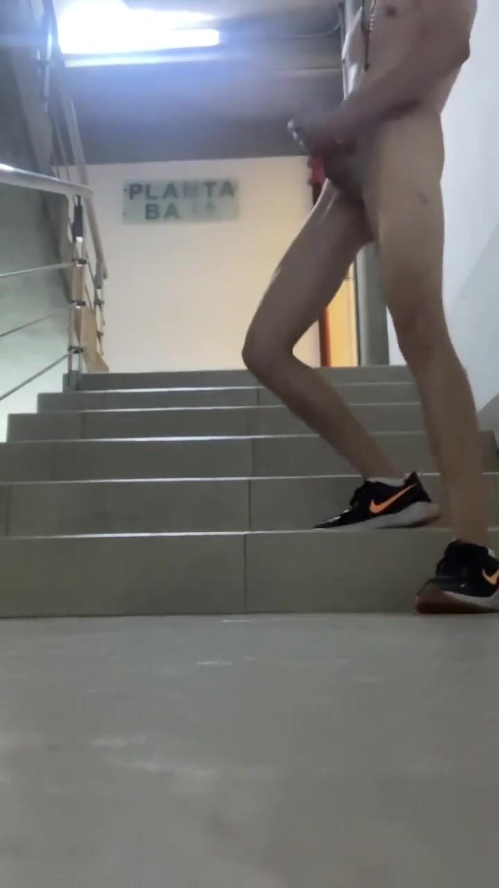 Naked walk up stairs and elevator