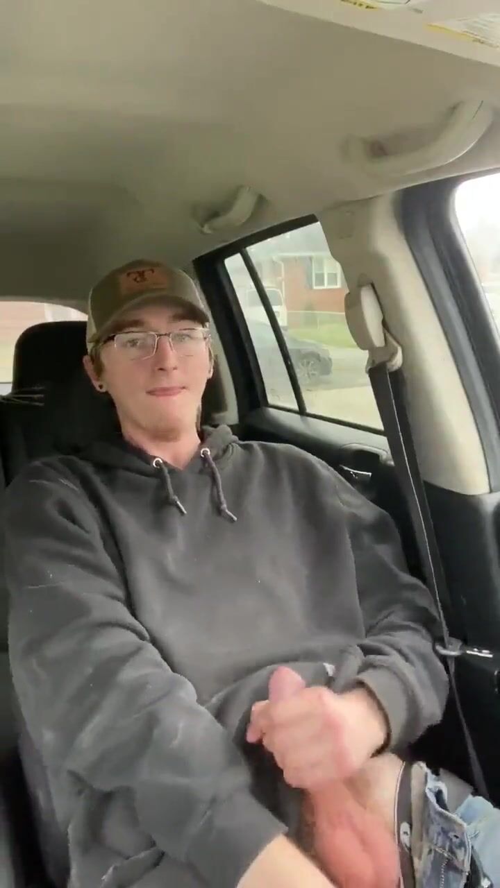 Nerdy twink with glasses jerks off in car-cums 249