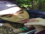 Outdoor twink sucks daddy's cock and eats cum