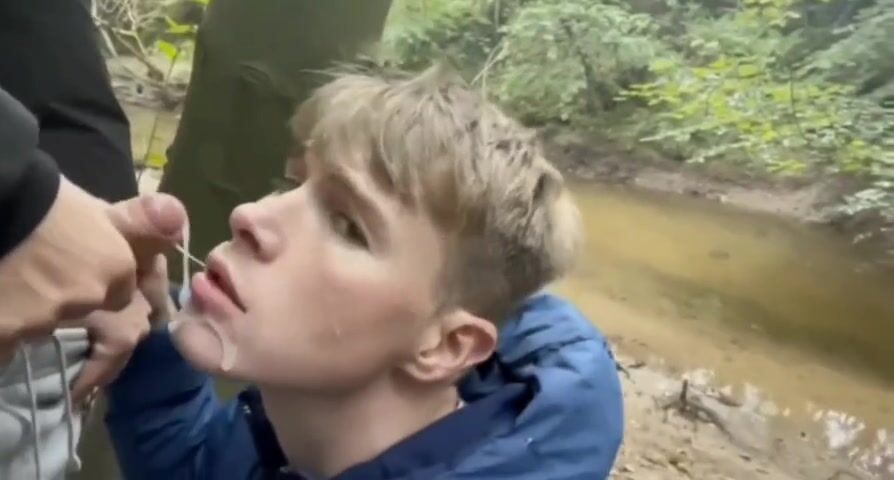 Twink gets outdoor facial and mouthful of cum