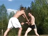 Outdoor wrestling boys get hard