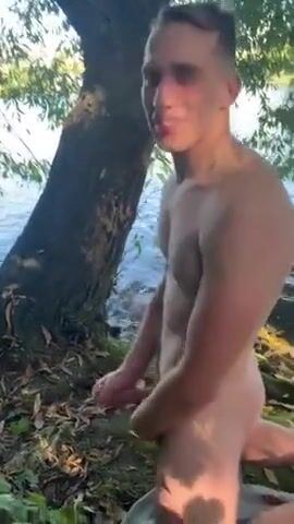 Amateur twink solo cums outdoors