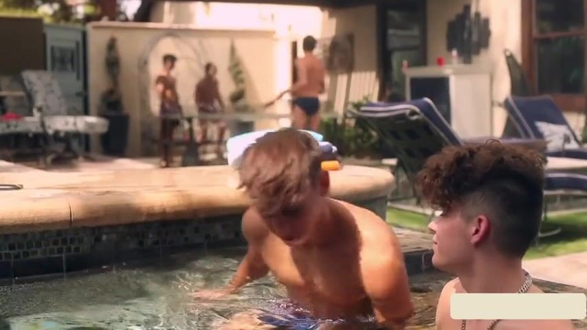 Two pool friends couple gay action