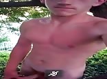 Redhead twink jerks cock outside