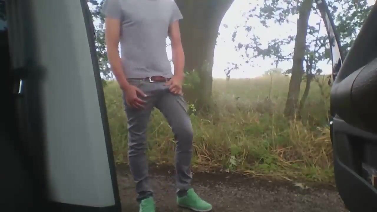 Outdoors jerk and cum by the roadside