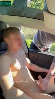 Sabian:twink in a car gets his cock wanked till he shoots cum