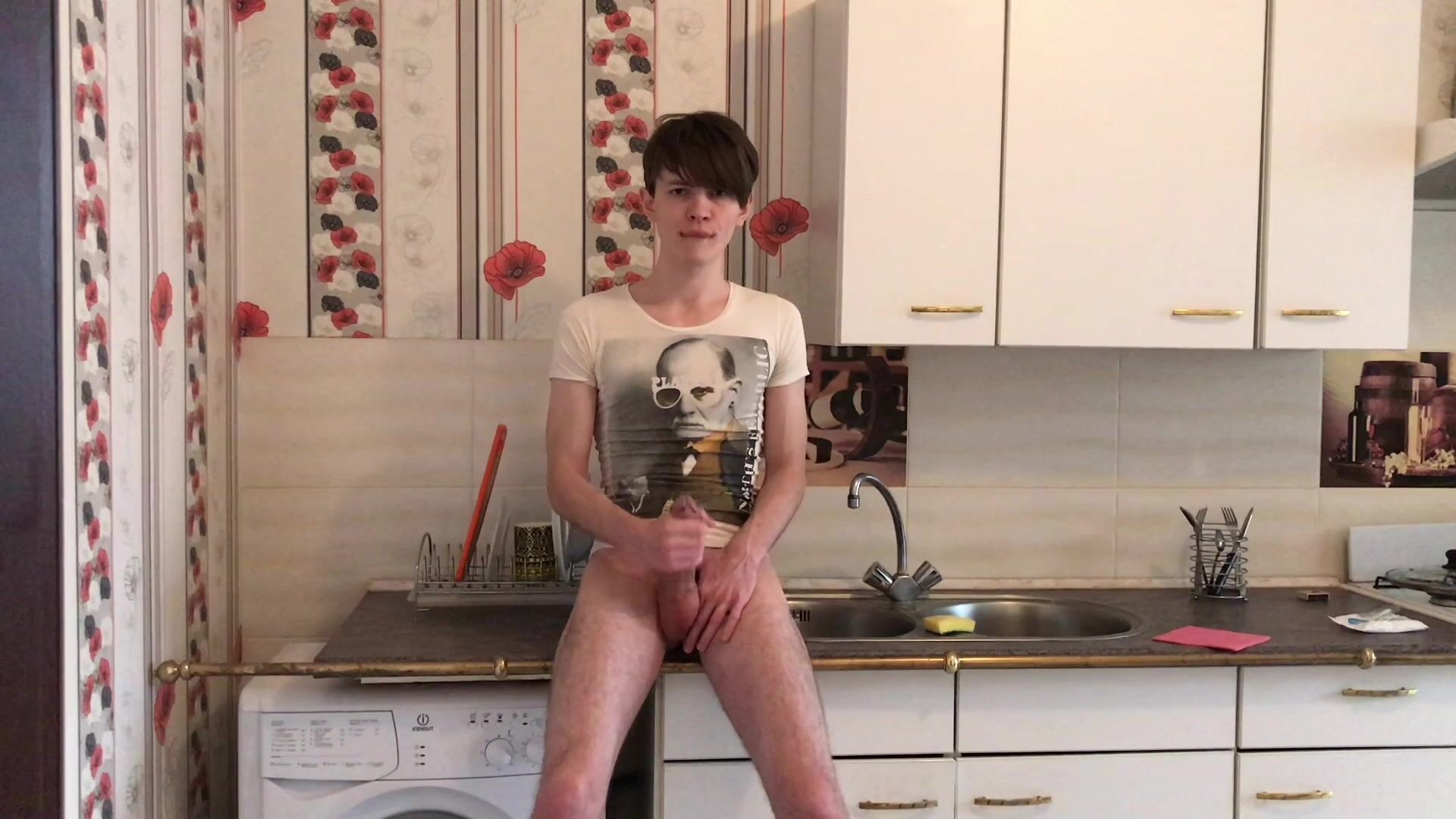 Sexy teenager jerking off and cum hard in kitchen /big load /big di...