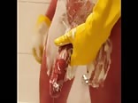 Shaving his cock and ass then jerking off hard