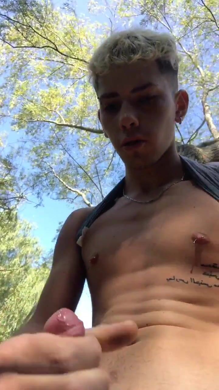 Outdoor self facial: cum in own mouth