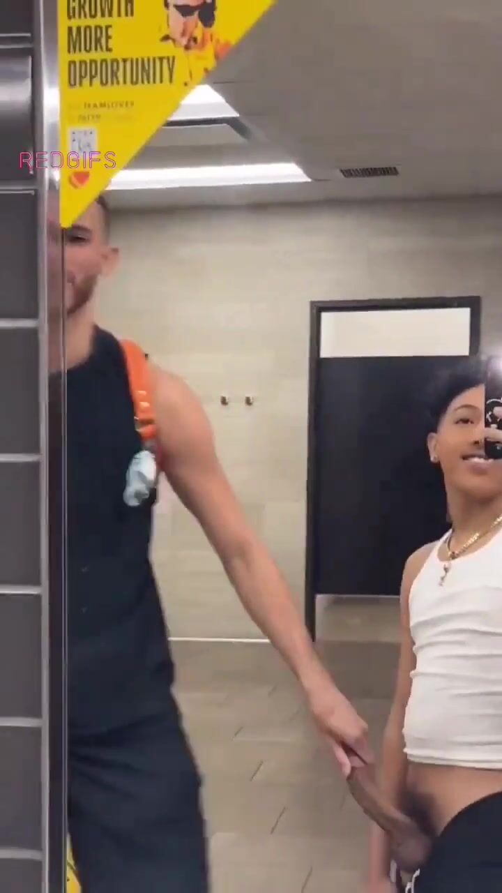 Short uncut latino lets tall guy bj him in public bathroom (no soun...
