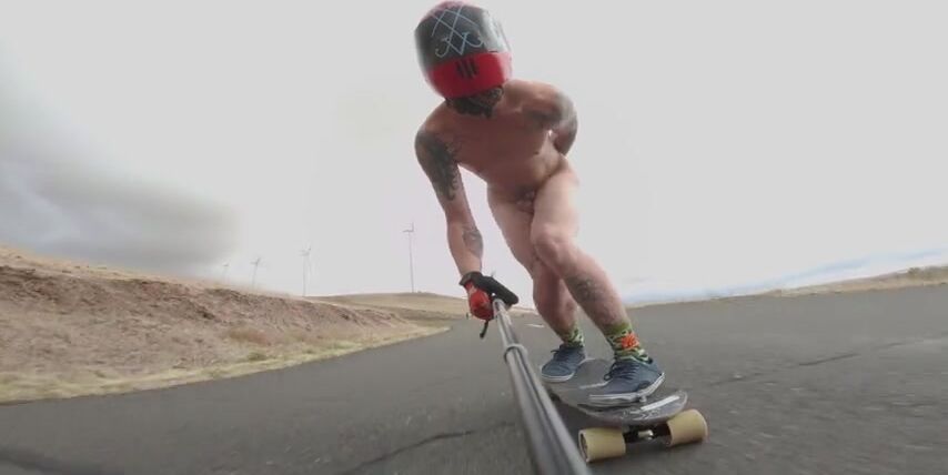 Naked twink skateboards downhill bareback