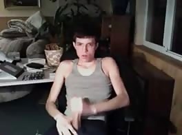 Skinny boy wank and cum on his teeshirt