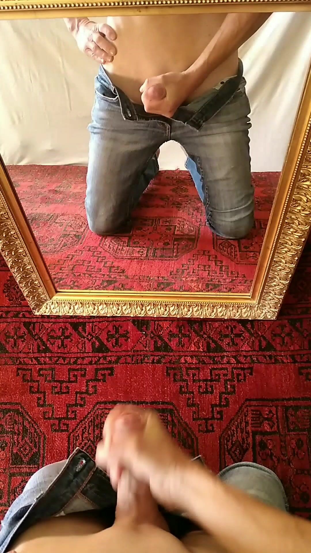 Uncut jeans mirror cum from small cock