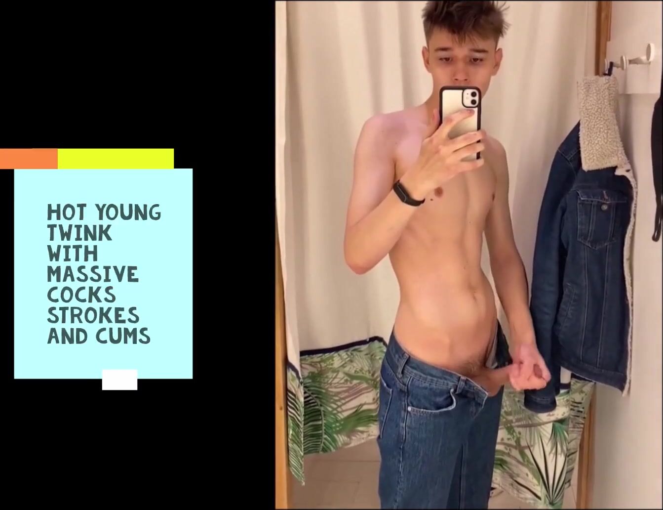 Smooth fit teen jerks his cock
