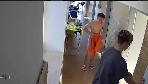 Nude boys walk hallway on cam