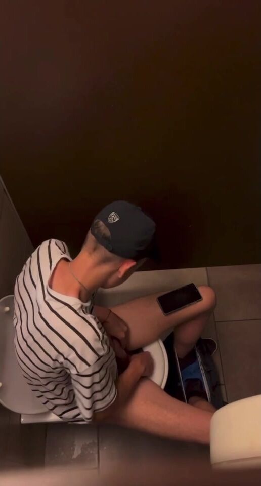 Spy for skinny cute teen with big dick cumming in the toilet