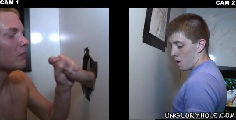 Hot guy sucks giant dick of str8 young kid at gloryhole, swallows load