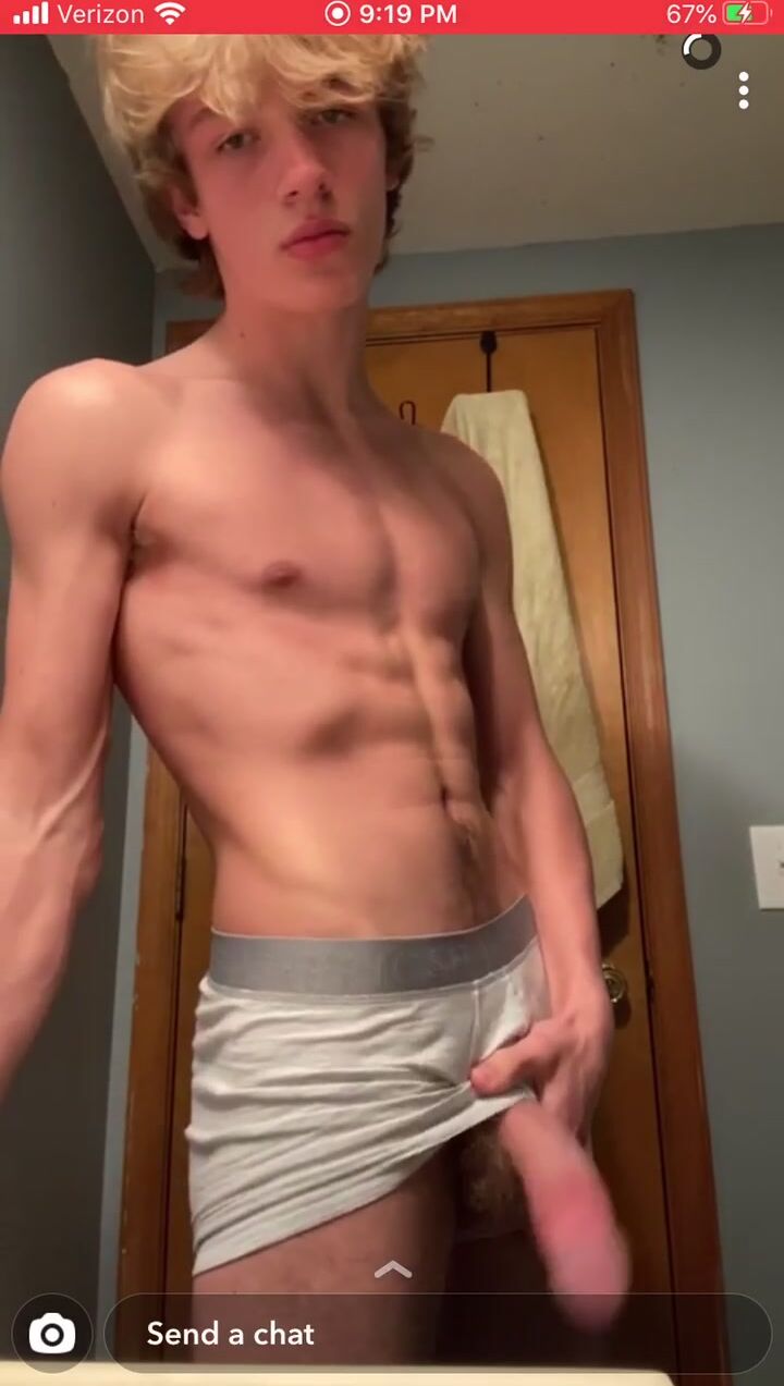 Blond jock slaps his thick cock on counter for catfish