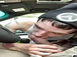 Twink sucks muscle daddy's cock bareback while he drives