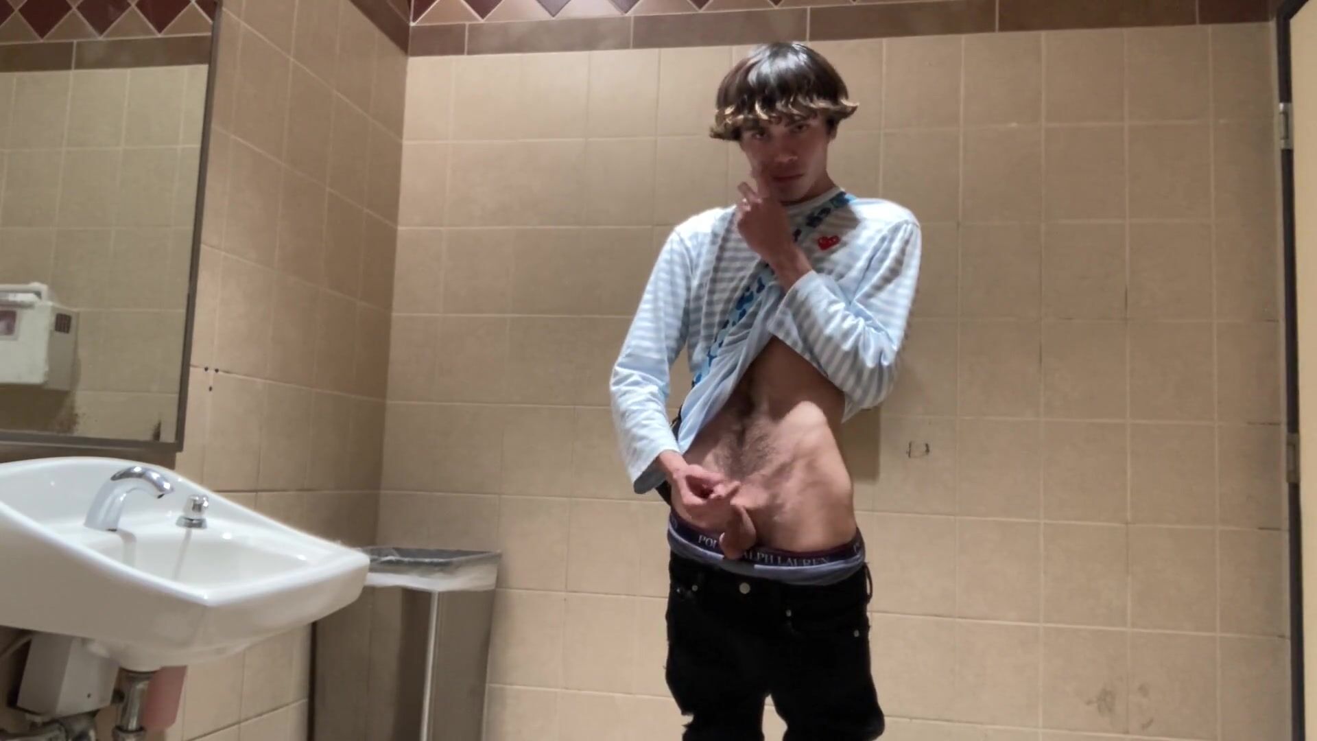 Gay teen jerks off in public mall restroom