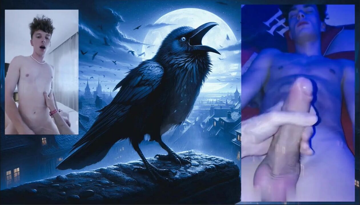 The cute crow on the roof sees a gay twink playing up close at night