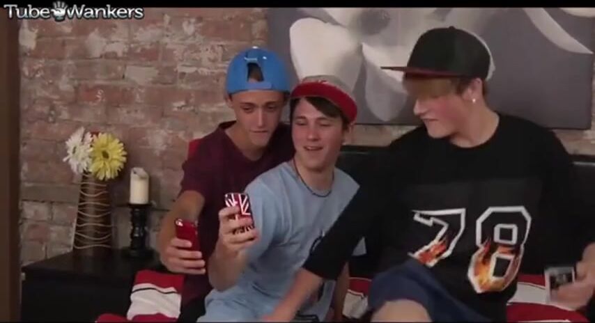 Three twinks bareback in bed, cocks pumping