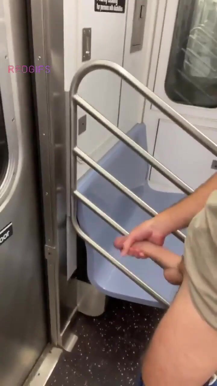 Twink jerks and cums on metro train