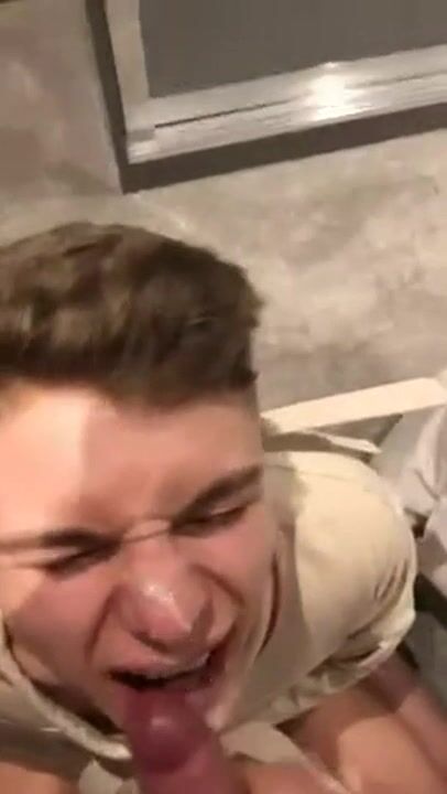 Twink gets uncut cock facial spray