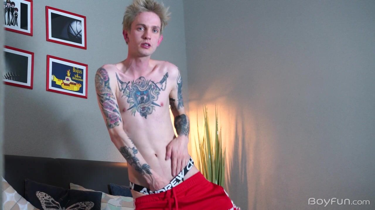 Tattooed twink jerks his hard cock 2