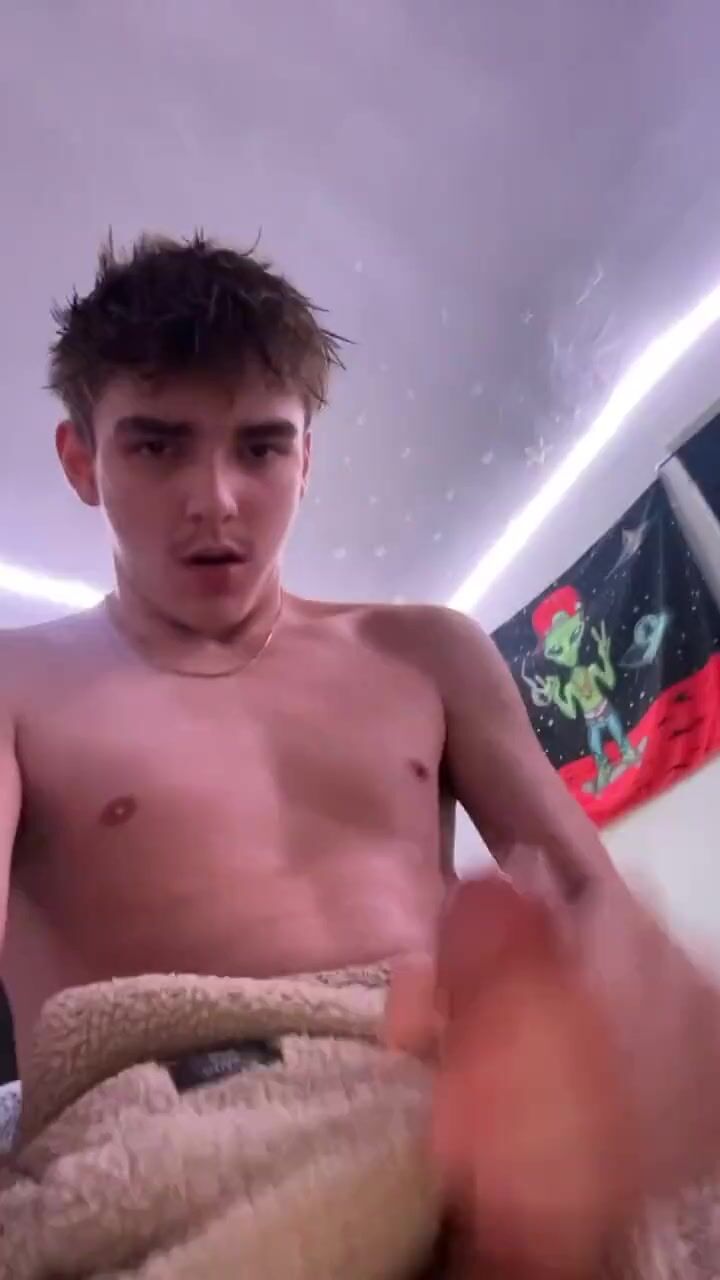 Teen jerks big cock and cums hard on floor