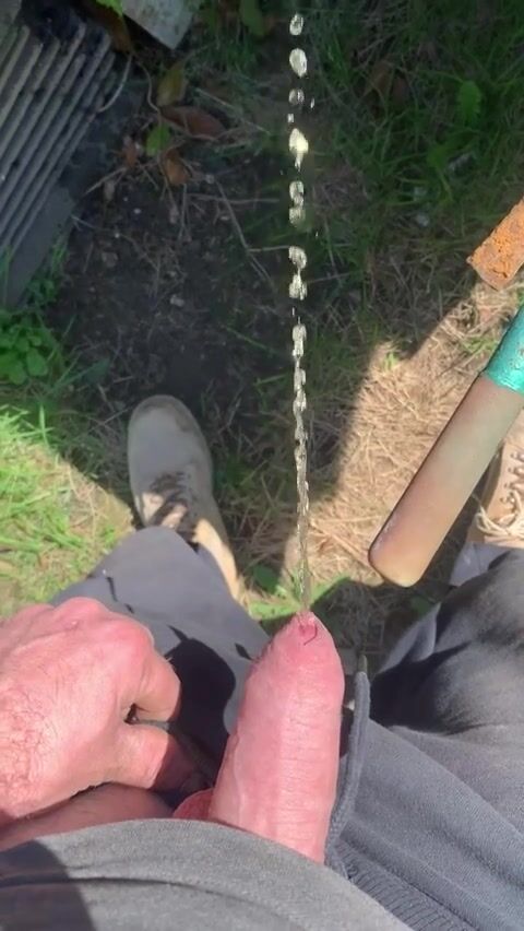 Uncut cock pisses while gardening