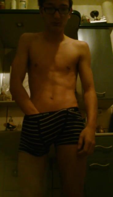 Uncut glasses twink strips black and strokes cock