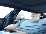 College twink jerks uncut cock in car