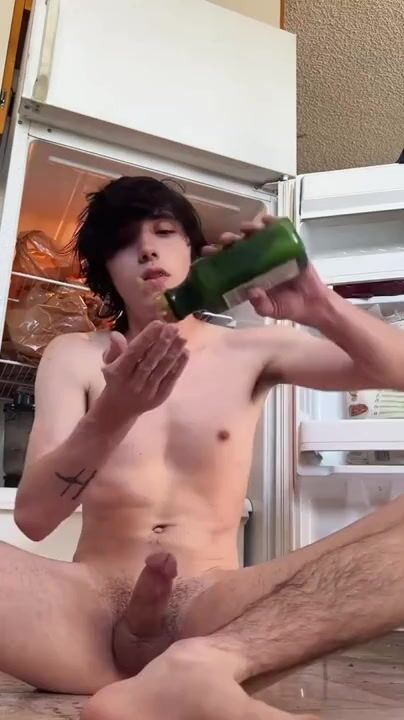 Twink wanks hard cock by open fridge