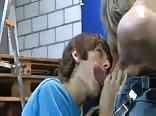 Warehouse threesome action