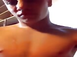 Boy shoots dick juice all over his body