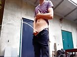 Twink pisses outside before bareback cock