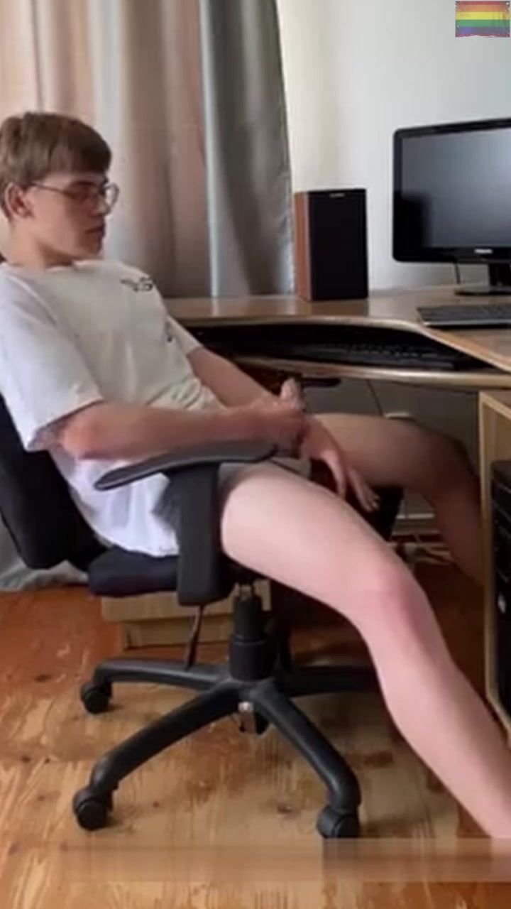Twink strokes his hard cock solo at home